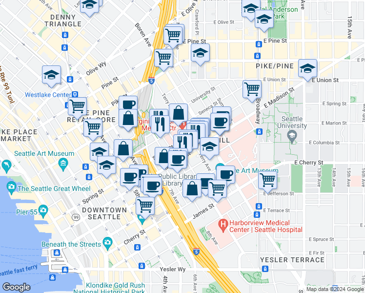 map of restaurants, bars, coffee shops, grocery stores, and more near 801 Spring Street in Seattle