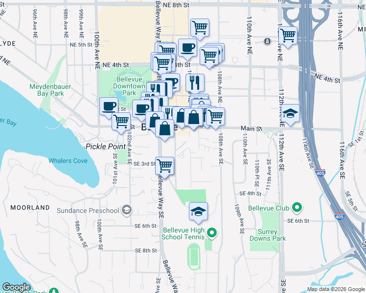 map of restaurants, bars, coffee shops, grocery stores, and more near 130 105th Avenue Southeast in Bellevue