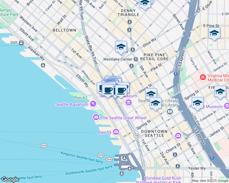 map of restaurants, bars, coffee shops, grocery stores, and more near 102 Pike Street in Seattle