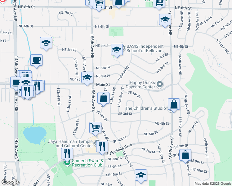 map of restaurants, bars, coffee shops, grocery stores, and more near 122 159th Avenue Southeast in Bellevue