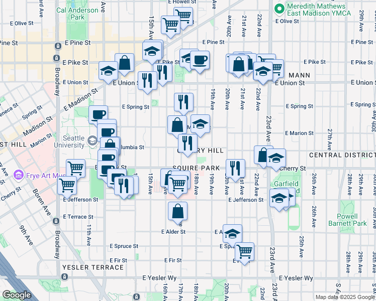 map of restaurants, bars, coffee shops, grocery stores, and more near 1700 East Cherry Street in Seattle