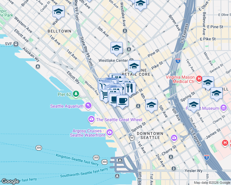 map of restaurants, bars, coffee shops, grocery stores, and more near 1521 2nd Avenue in Seattle