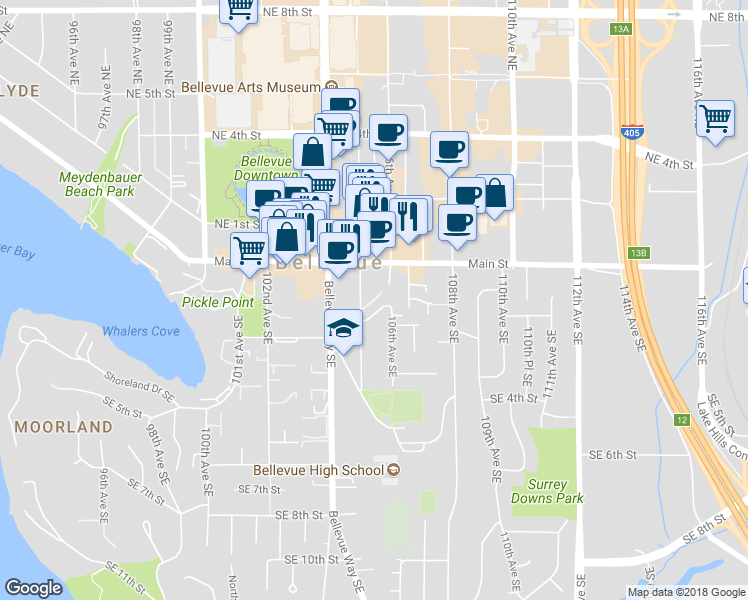 map of restaurants, bars, coffee shops, grocery stores, and more near 130 105th Avenue Southeast in Bellevue