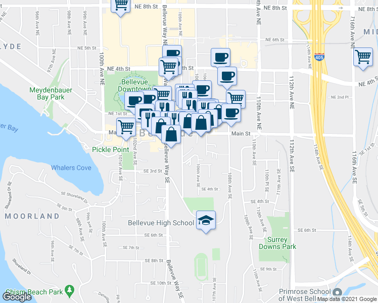 map of restaurants, bars, coffee shops, grocery stores, and more near 130 105th Avenue Southeast in Bellevue