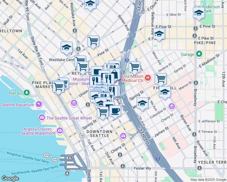 map of restaurants, bars, coffee shops, grocery stores, and more near in Seattle
