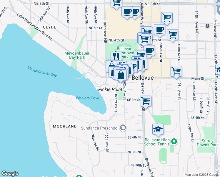 map of restaurants, bars, coffee shops, grocery stores, and more near 10022 Meydenbauer Way Southeast in Bellevue