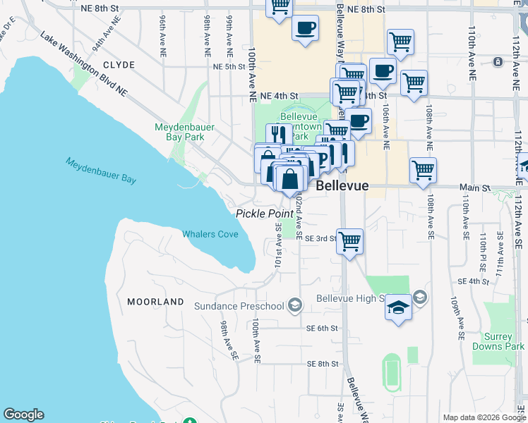 map of restaurants, bars, coffee shops, grocery stores, and more near 10022 Meydenbauer Way Southeast in Bellevue
