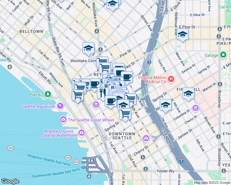 map of restaurants, bars, coffee shops, grocery stores, and more near 1340 4th Avenue in Seattle