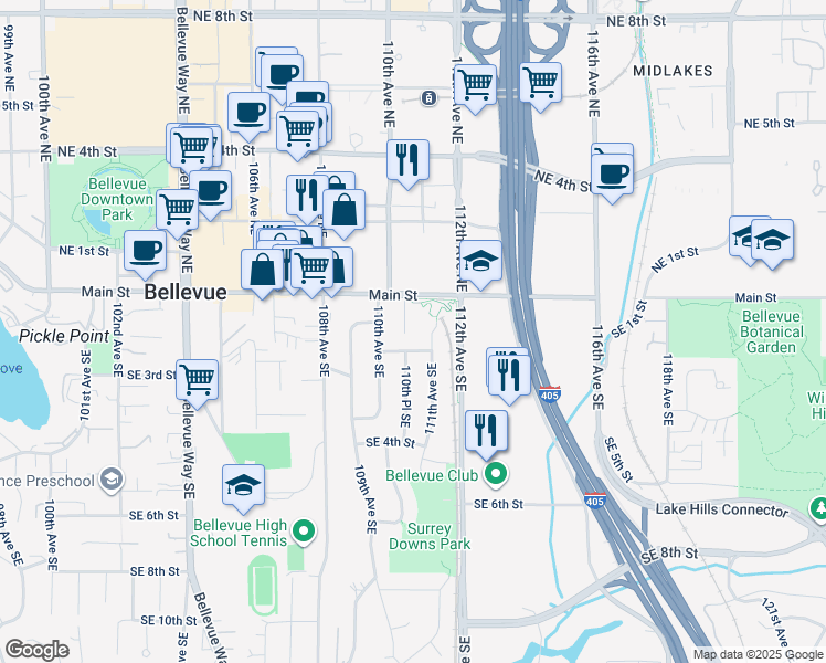 map of restaurants, bars, coffee shops, grocery stores, and more near 203 110th Place Southeast in Bellevue