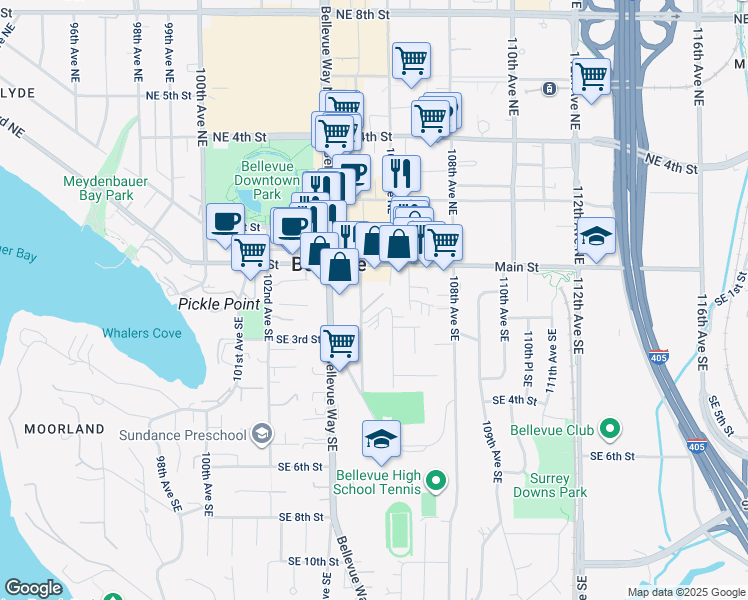 map of restaurants, bars, coffee shops, grocery stores, and more near 191 106th Avenue Southeast in Bellevue