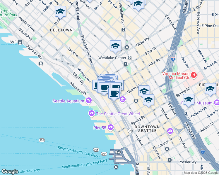 map of restaurants, bars, coffee shops, grocery stores, and more near in Seattle