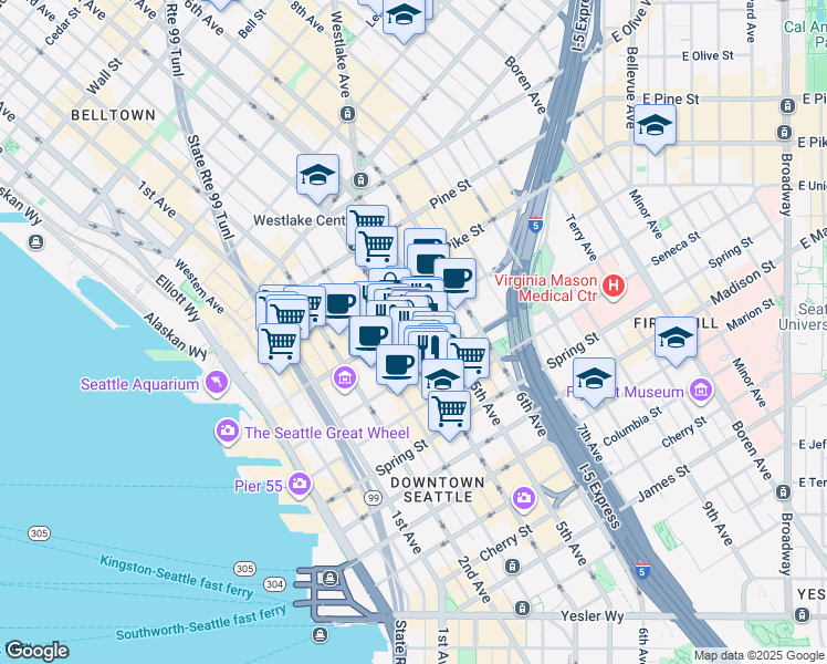 map of restaurants, bars, coffee shops, grocery stores, and more near 1318 4th Avenue in Seattle