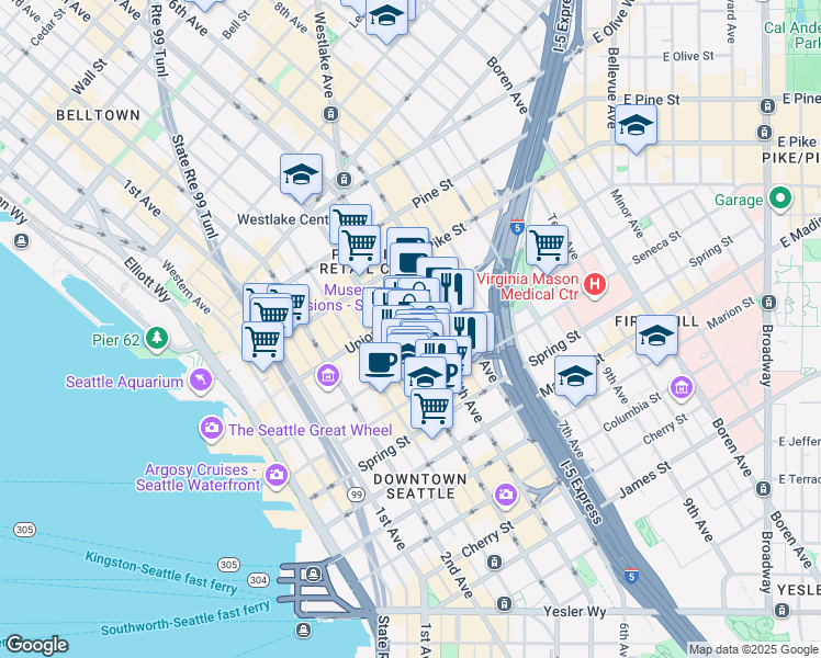 map of restaurants, bars, coffee shops, grocery stores, and more near 1301 5th Avenue in Seattle