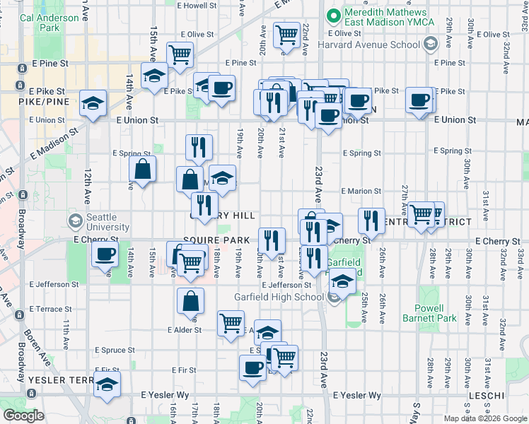 map of restaurants, bars, coffee shops, grocery stores, and more near 711 21st Avenue in Seattle