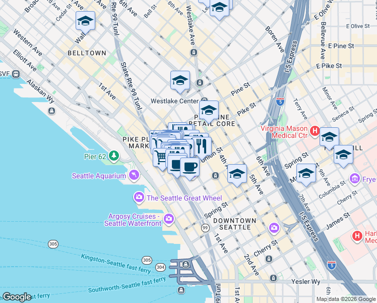map of restaurants, bars, coffee shops, grocery stores, and more near 1430 2nd Avenue in Seattle