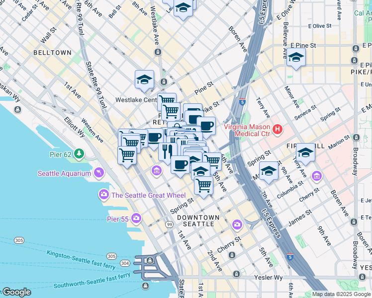 map of restaurants, bars, coffee shops, grocery stores, and more near 401 Union Street in Seattle
