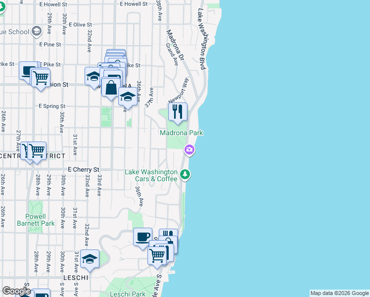 map of restaurants, bars, coffee shops, grocery stores, and more near 794 Lake Washington Boulevard in Seattle