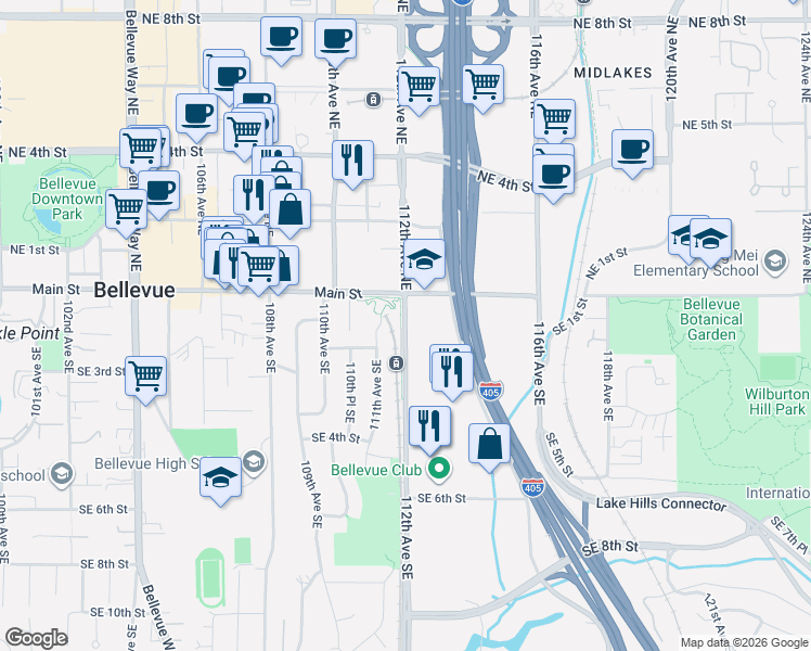 map of restaurants, bars, coffee shops, grocery stores, and more near 200 111th Avenue Northeast in Bellevue