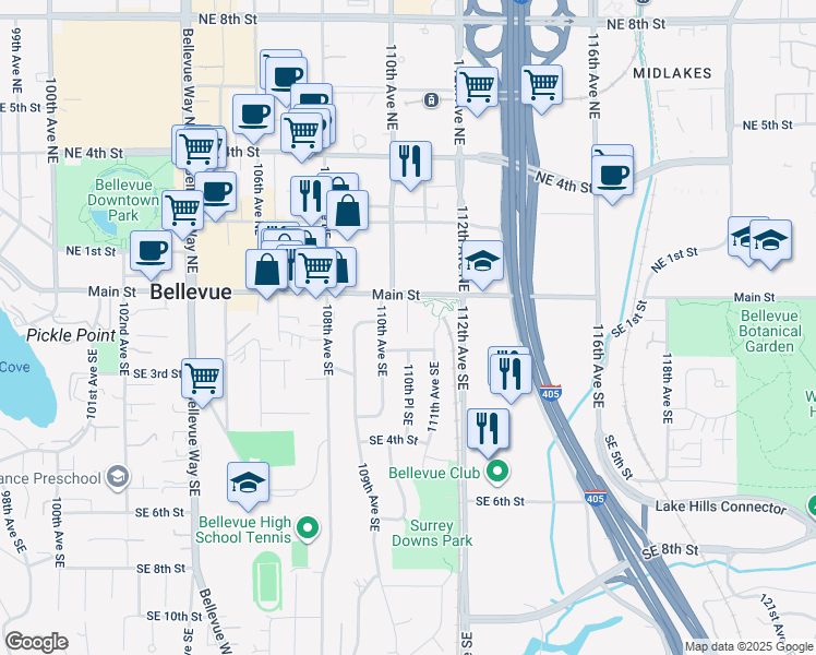 map of restaurants, bars, coffee shops, grocery stores, and more near 203 110th Place Southeast in Bellevue