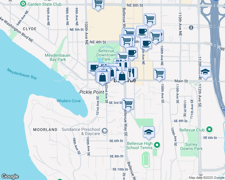 map of restaurants, bars, coffee shops, grocery stores, and more near 150 102nd Avenue Southeast in Bellevue
