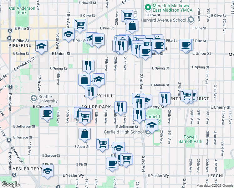 map of restaurants, bars, coffee shops, grocery stores, and more near 711 21st Avenue in Seattle