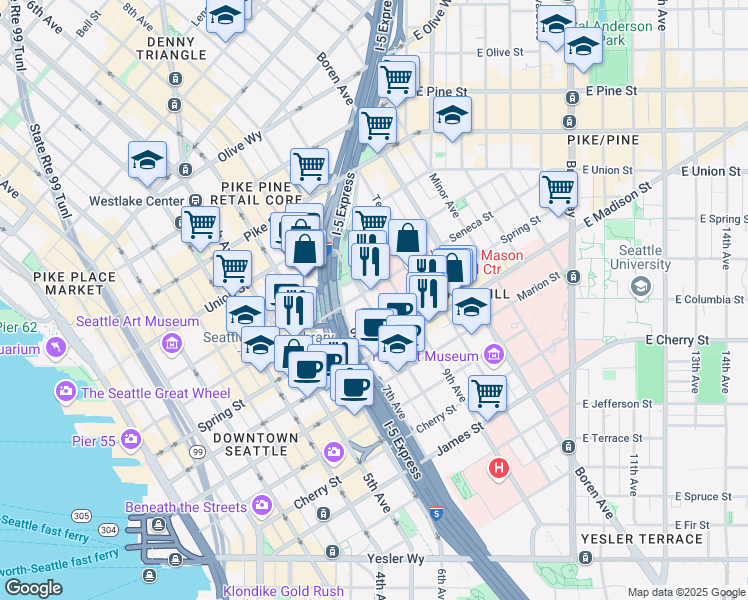 map of restaurants, bars, coffee shops, grocery stores, and more near 715 Spring Street in Seattle