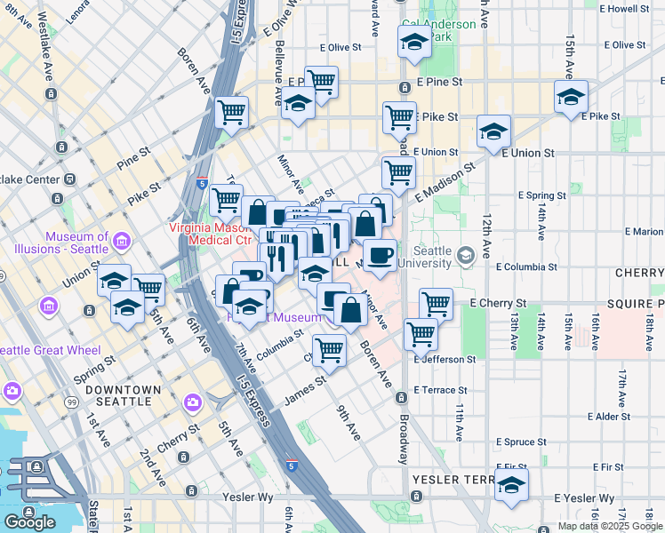 map of restaurants, bars, coffee shops, grocery stores, and more near 26 Madison Street in Seattle