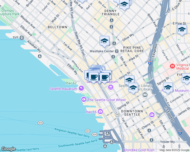 map of restaurants, bars, coffee shops, grocery stores, and more near 1515 1st Avenue in Seattle
