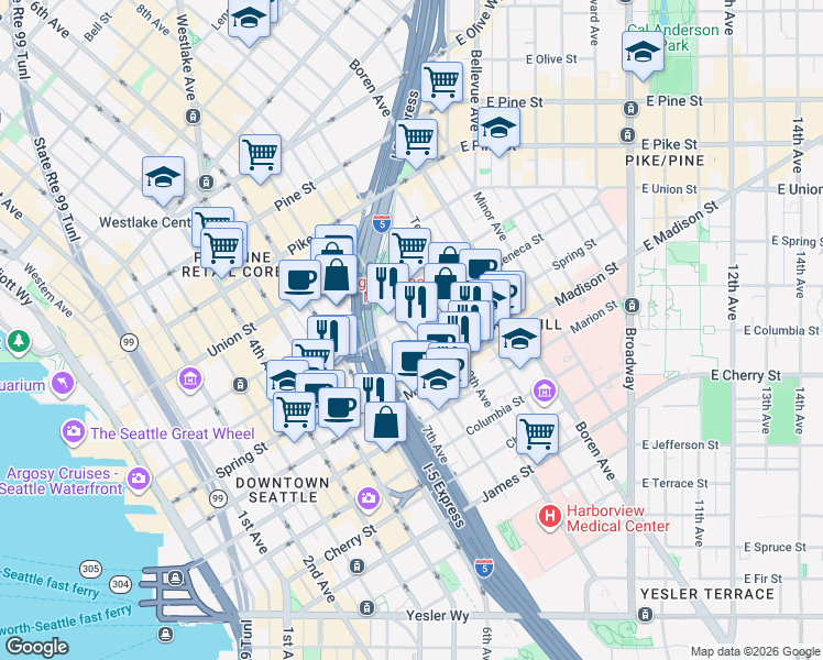 map of restaurants, bars, coffee shops, grocery stores, and more near 715 Spring Street in Seattle