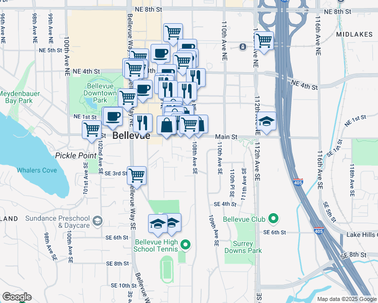 map of restaurants, bars, coffee shops, grocery stores, and more near 136 108th Avenue Southeast in Bellevue