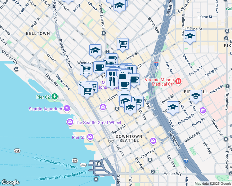 map of restaurants, bars, coffee shops, grocery stores, and more near 1401 4th Avenue in Seattle