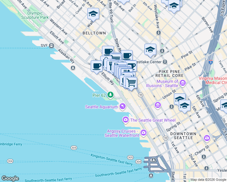 map of restaurants, bars, coffee shops, grocery stores, and more near 1950 Alaskan Way in Seattle