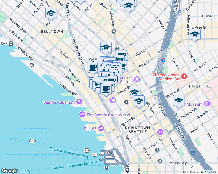 map of restaurants, bars, coffee shops, grocery stores, and more near 1528 3rd Avenue in Seattle