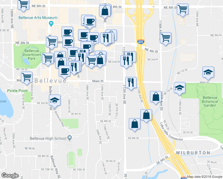 map of restaurants, bars, coffee shops, grocery stores, and more near 124 110th Place Southeast in Bellevue