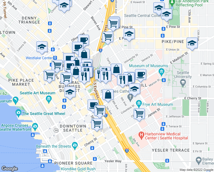 map of restaurants, bars, coffee shops, grocery stores, and more near 1201 9th Avenue in Seattle