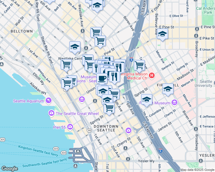 map of restaurants, bars, coffee shops, grocery stores, and more near in Seattle