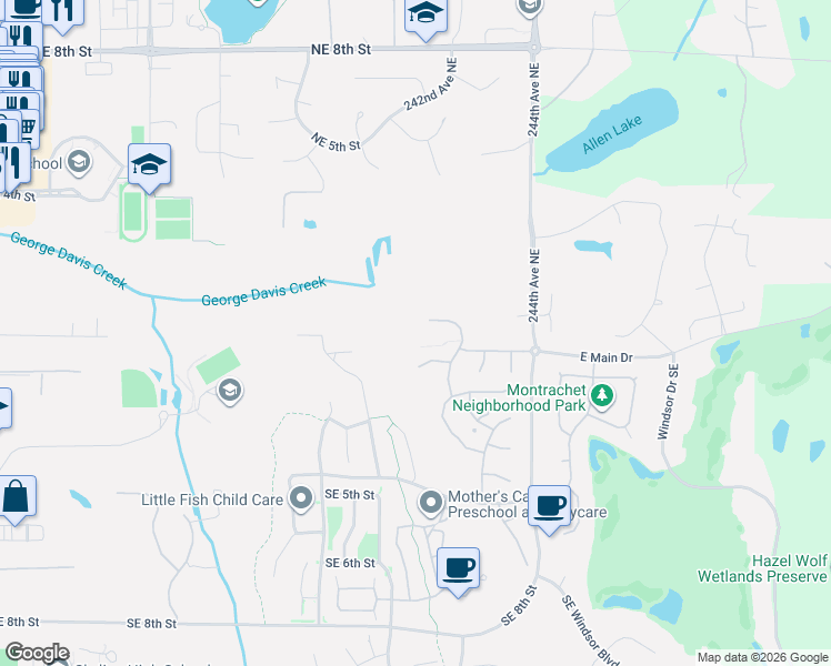 map of restaurants, bars, coffee shops, grocery stores, and more near 24116 Northeast 1st Place in Sammamish