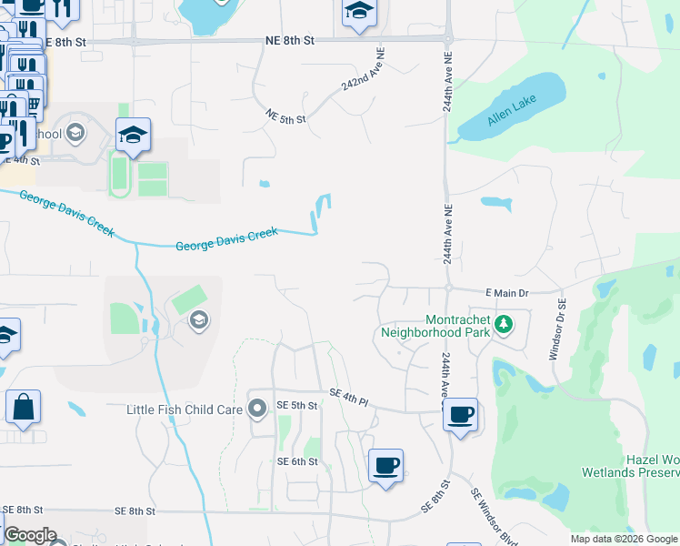 map of restaurants, bars, coffee shops, grocery stores, and more near 24116 Northeast 1st Place in Sammamish