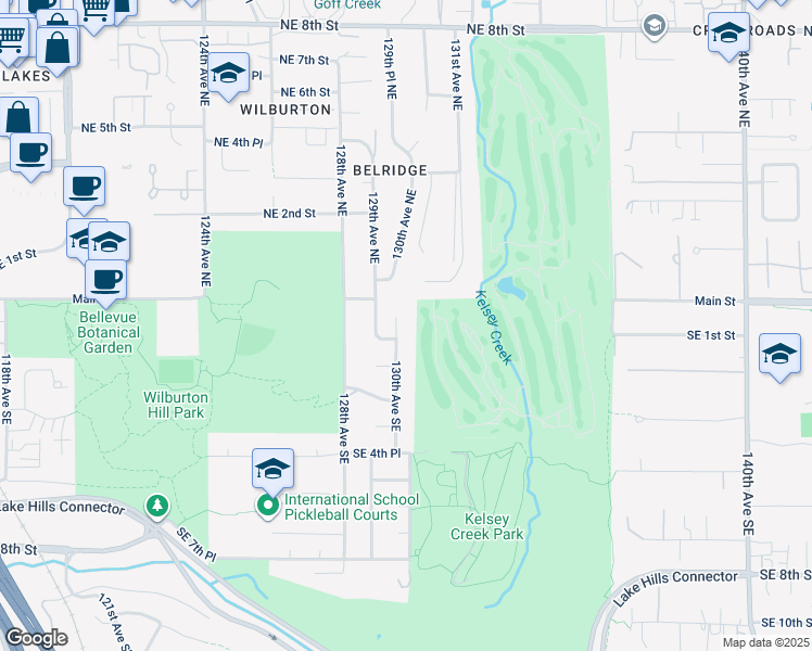 map of restaurants, bars, coffee shops, grocery stores, and more near 6 130th Avenue Southeast in Bellevue