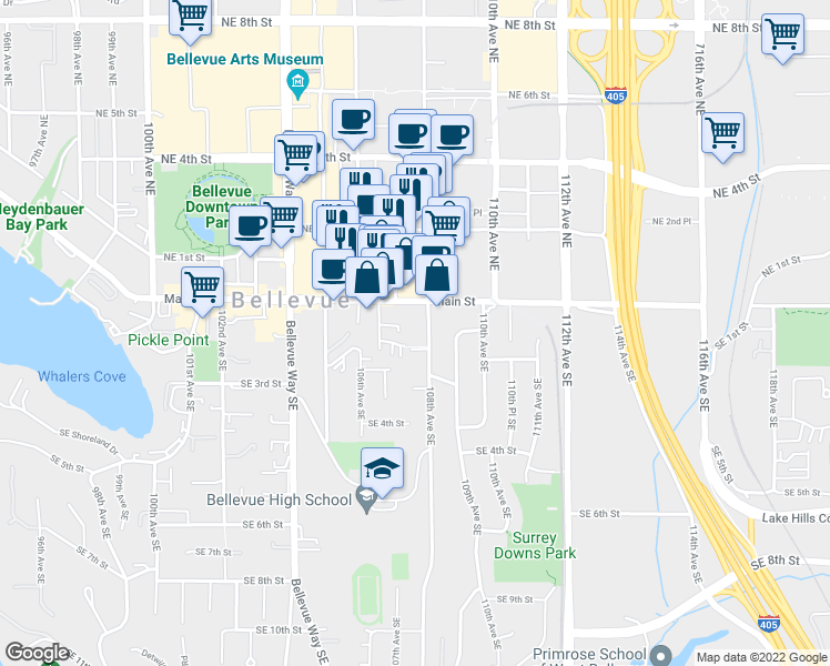 map of restaurants, bars, coffee shops, grocery stores, and more near 10801 Main Street in Bellevue