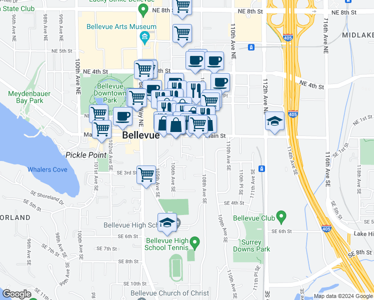 map of restaurants, bars, coffee shops, grocery stores, and more near 10713 Main Street in Bellevue