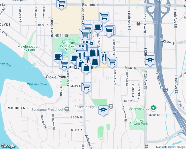 map of restaurants, bars, coffee shops, grocery stores, and more near in Bellevue