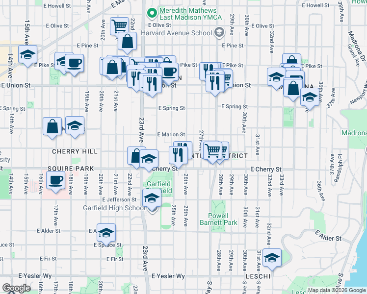 map of restaurants, bars, coffee shops, grocery stores, and more near 2516 East Marion Street in Seattle