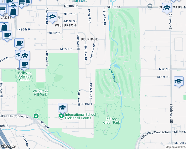 map of restaurants, bars, coffee shops, grocery stores, and more near 6 130th Avenue Southeast in Bellevue