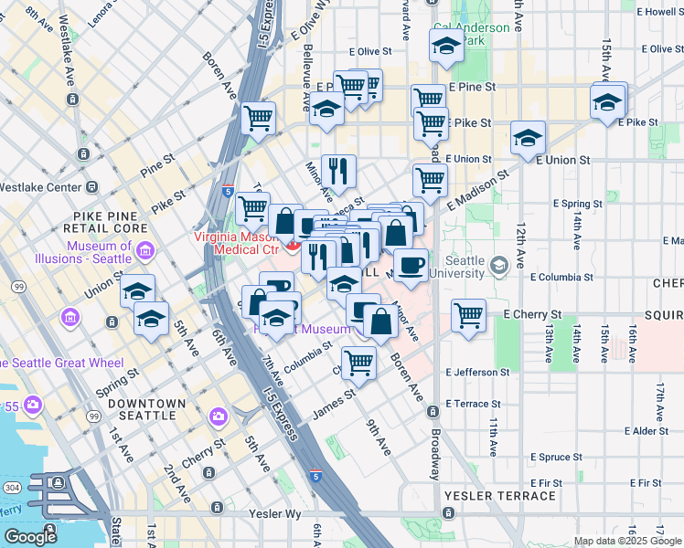 map of restaurants, bars, coffee shops, grocery stores, and more near Boren Ave & Madison St in Seattle