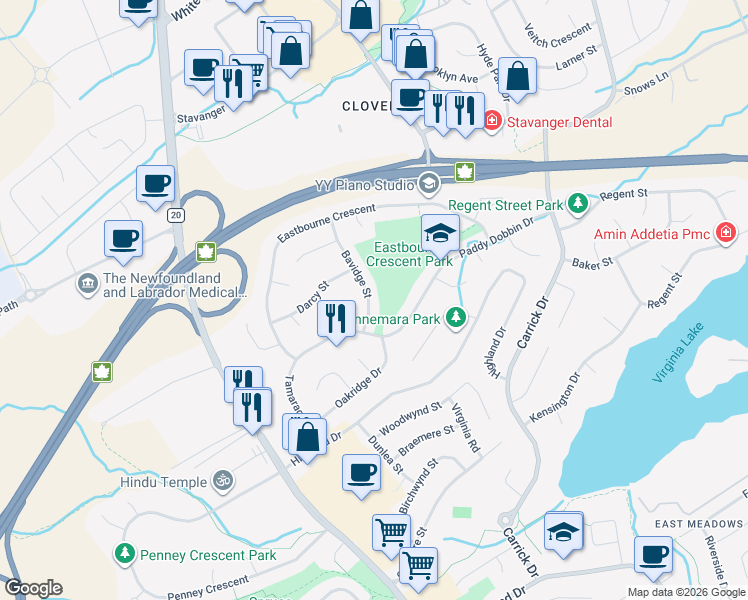 map of restaurants, bars, coffee shops, grocery stores, and more near 14 Bavidge Street in St. John's