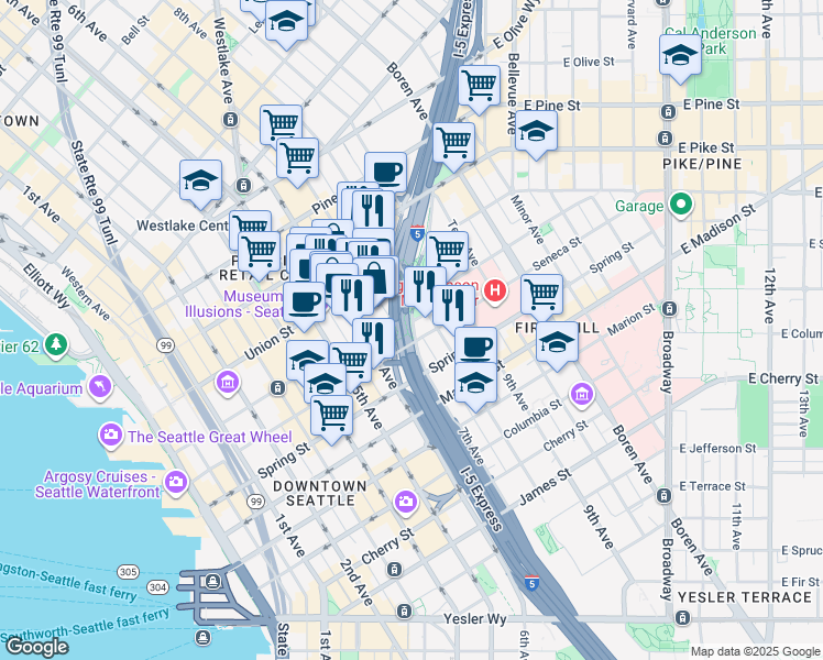 map of restaurants, bars, coffee shops, grocery stores, and more near 700 Seneca Street in Seattle