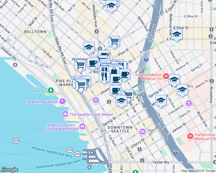 map of restaurants, bars, coffee shops, grocery stores, and more near 1411 4th Avenue in Seattle