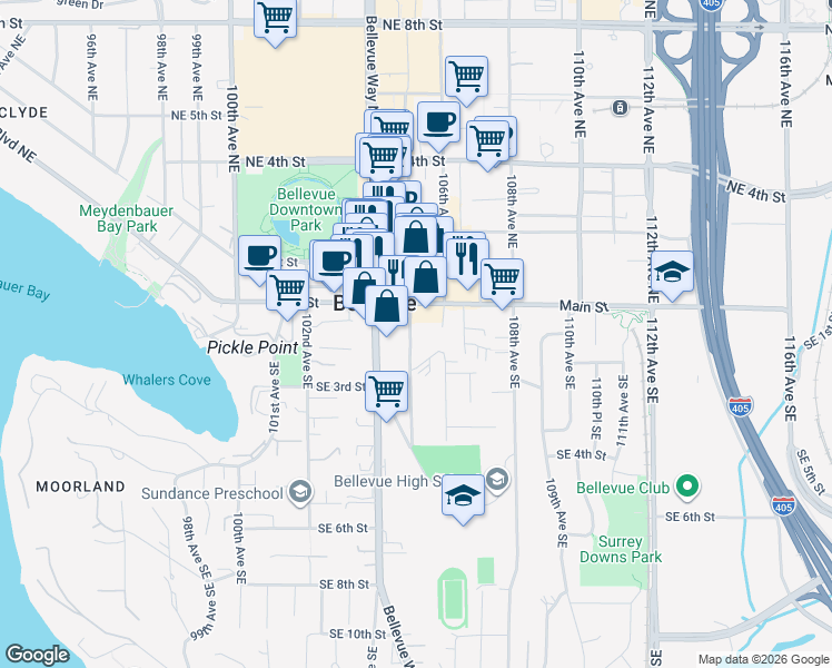map of restaurants, bars, coffee shops, grocery stores, and more near in Bellevue
