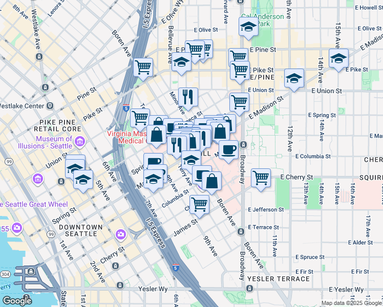 map of restaurants, bars, coffee shops, grocery stores, and more near in Seattle
